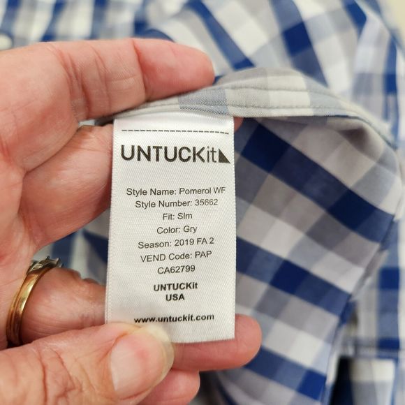 Untuckit Mens Pomerol Button Front Shirt Size L Long Sleeve Slim Gray Blue Check - Picture 5 of 11